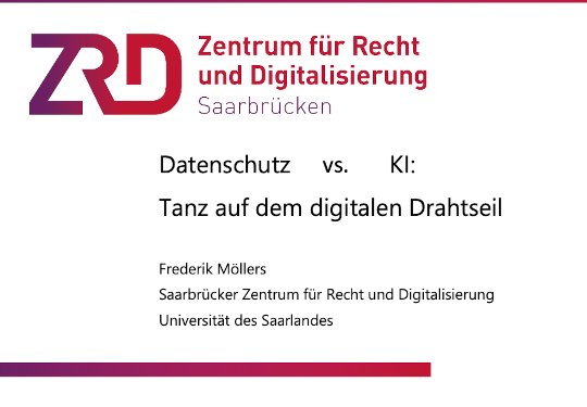 Titelfolie des Vortrags 'Datenschutz vs. KI: Tanz auf dem digitalen Drahtseil'